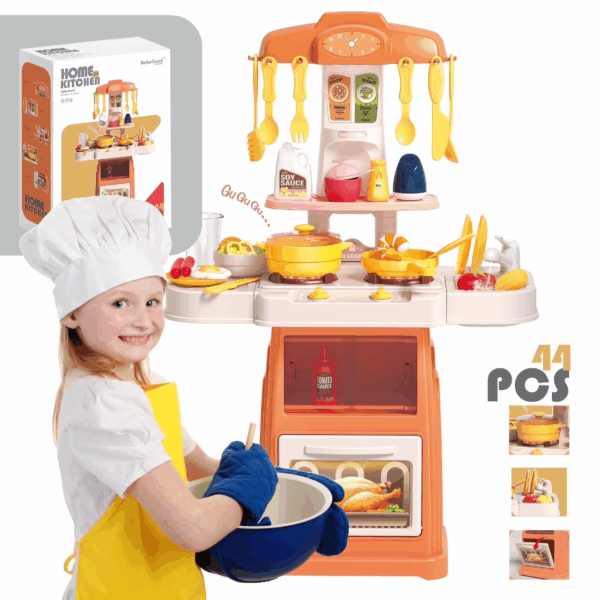 Koppop Kids Kitchen Playset 44Pcs - with Sound, Light & Steam Effects, Pretend Play Toys Includes Food, Sink & Stove, Ideal for Boys & Girls Ages 3-6 (Orange).