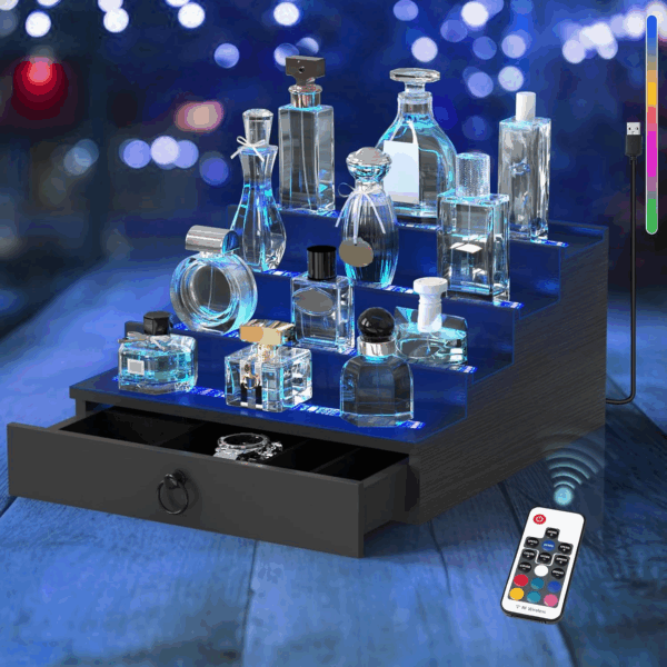 LED Lighted Cologne Organizer for Men, 4 Tier Wood Perfume Organizer with Velvet