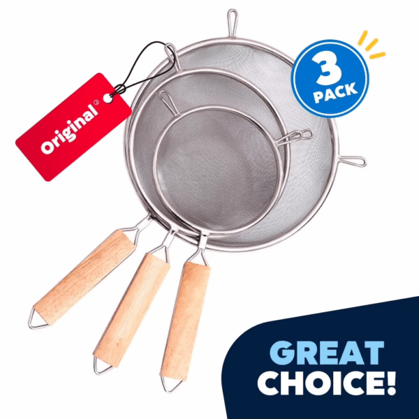 Set of 3 Premium Strainers - Sieve Mesh Extra Fine Stainless Steel Strainers, Wooden Handles, Ideal to Strain Pasta, Quinoa and Rice