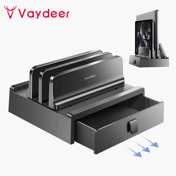 Vertical Laptop Stand with Drawer, Dual Slots Plastic Laptop Holder with Space Saving 4-In-1 Design, Adjustable Laptop