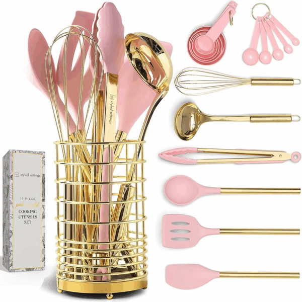Pink and Gold Kitchen Utensils Set - 17-Piece Kitchen Tools Include Silicone Cooking Utensils, Spatula Holder, Measuring Cups and Spoons for Baking, Cooking - Stylish Pink Kitchen Accessories