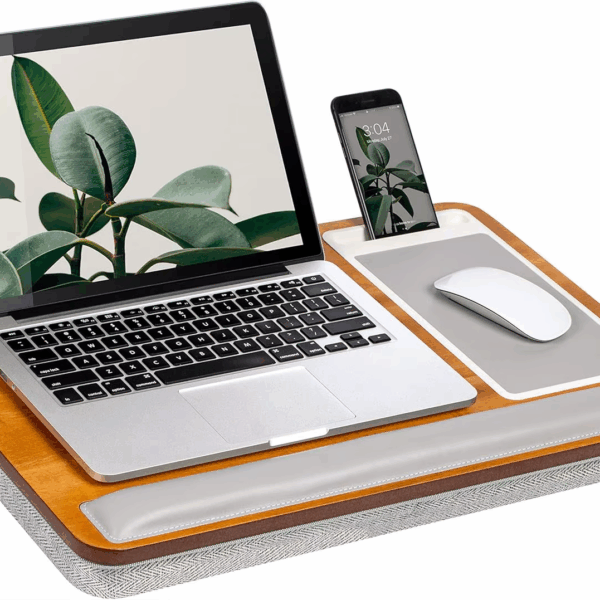 Premium Acacia Wood Lap Desk with Wrist Rest, Mouse Pad & Phone Holder - Fits 15.6 Inch Laptops - Natural Finish