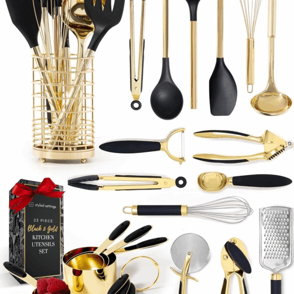 Black and Gold Kitchen Utensils Set - 23-Piece Luxury Kitchen Accessories Includes Gold Measuring Cups, Spoons, Silicone Cooking Utensils and Tools for Baking, Cooking, and Stylish Kitchen Decor