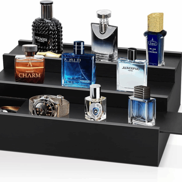 Wooden Cologne Organizer for Men - 3 Tier Cologne Stand Black Elevated