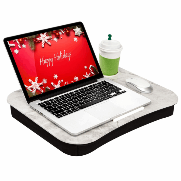 Cup Holder Lap Desk with Device Ledge - White Marble Fits to 14 Inch Laptops