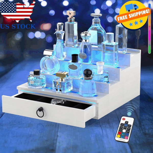 LED Lighted Cologne Organizer for Men, 4 Tier Wood Perfume Organizer