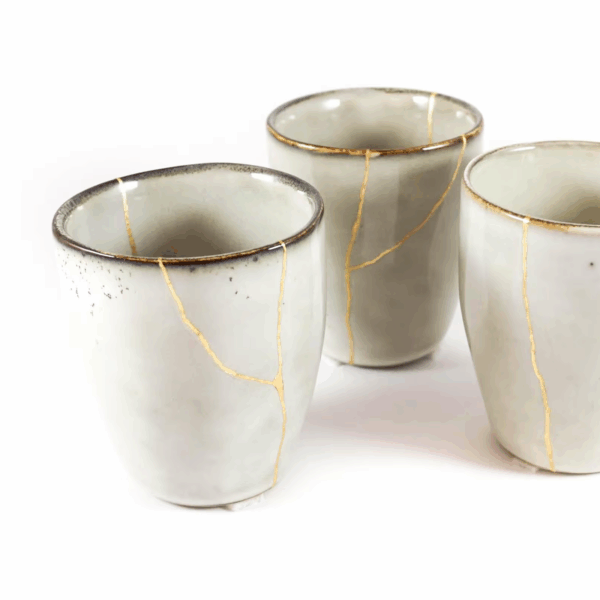 Light Grey Cup with Kintsugi Style Decoration Golden Veins Japanese Ceramic Tea Mug Unique Symbolic Gift Minimalist Wabi Sabi Design