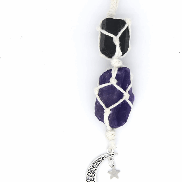 Hanging Car Charm - Black Tourmaline, Amethyst - Dangling Moon, Healing Crystal Accessories, Rearview Mirror Decorations - Grounding, Confidence, Protection, Balance, Energy, Spirituality