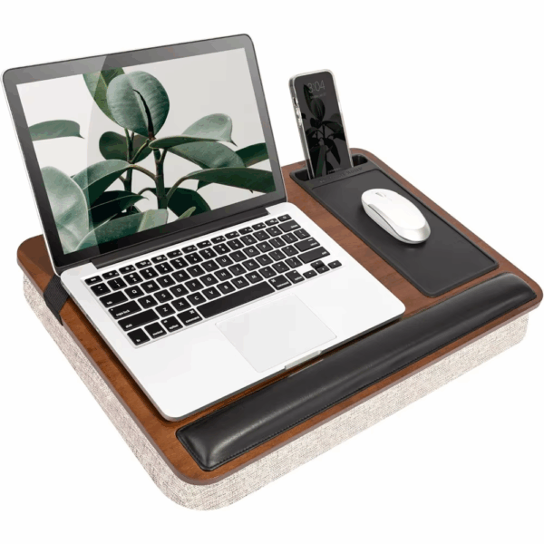 Premium Acacia Wood Lap Desk with Wrist Rest, Mouse Pad, Phone Holder - Fits 15.6 Inch Laptops in Java Finish