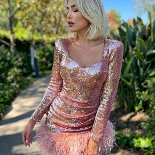 U Collar Waist Fold Hip Glitter Hair Skirt Stitching Dress For Women