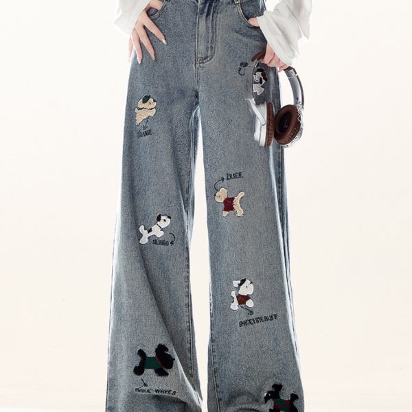 Natural Rustic-style Embroidered Denim Jeans With A Puppy Design For Women