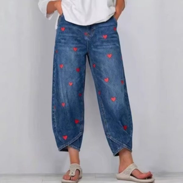 Women's Washed Denim Jeans With Heart Print