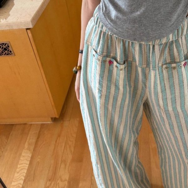Short-stature Cotton Pinstripe Casual Striped Pants Womens