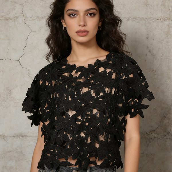 Black Floral Lace Cut-Out Short Sleeve Top