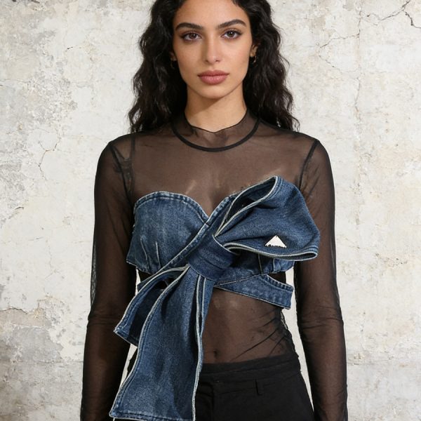 Denim Bow Mesh Overlay Top