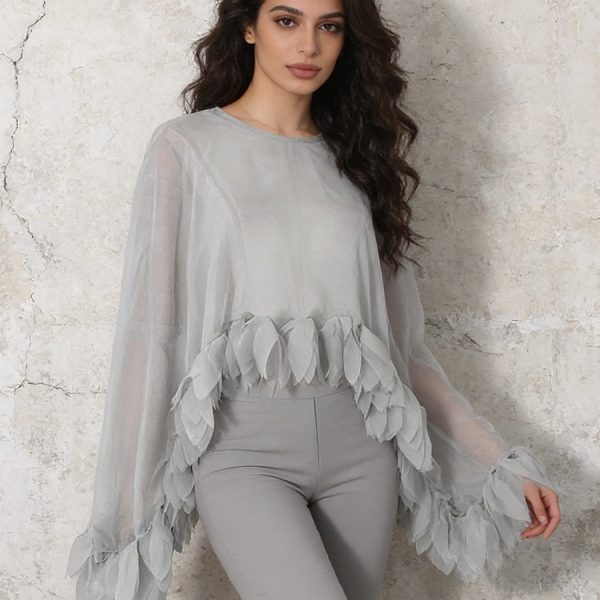 Grey Sheer Chiffon Feather Blouse