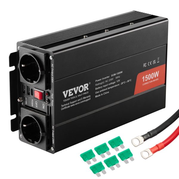 Sinus-Wechselrichter, 1500 W DC 12 V AC 230 V Wechselrichter Mit 2 AC-Steckdosen 2 USB-Anschlüssen 1 Typ-C-Anschluss 6 Ersatzsicherungen Für Kleine Haushaltsgeräte Wie Smartphone-Laptops